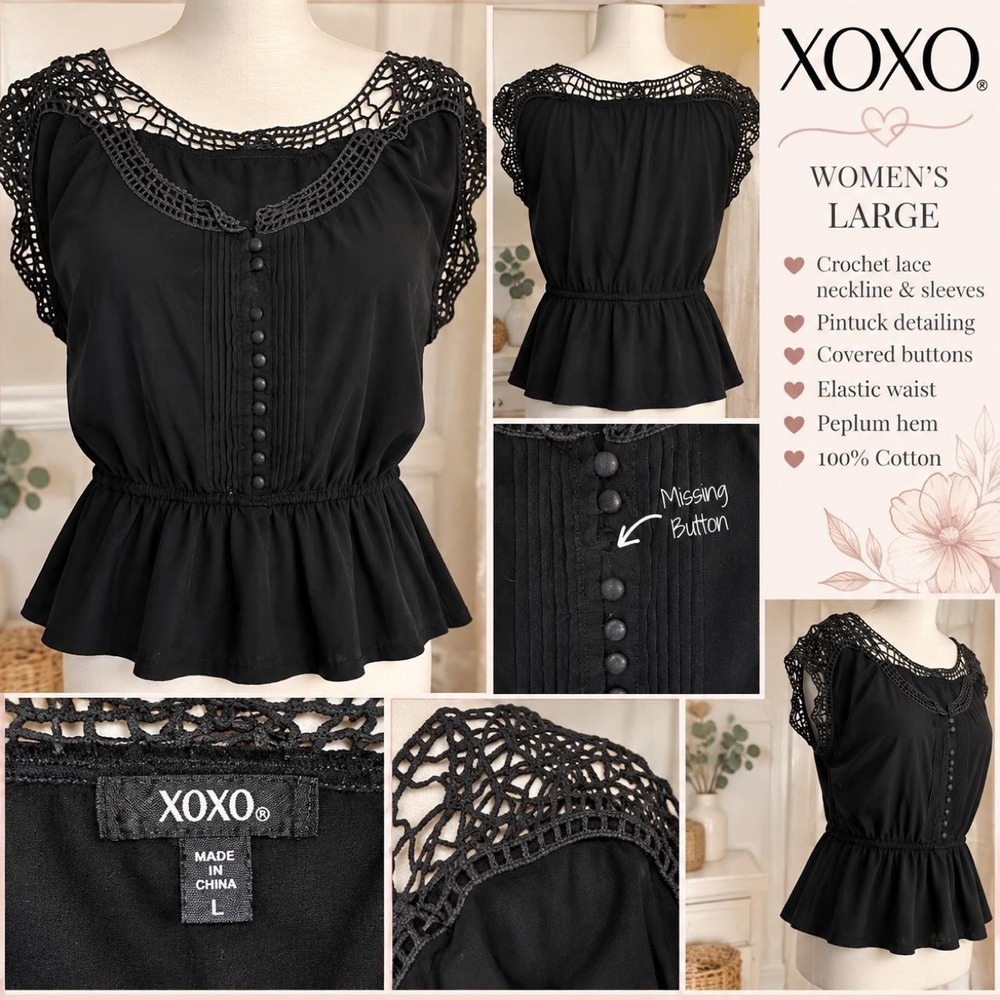 XOXO Black Crochet Lace Peplum Blouse – Women's Large